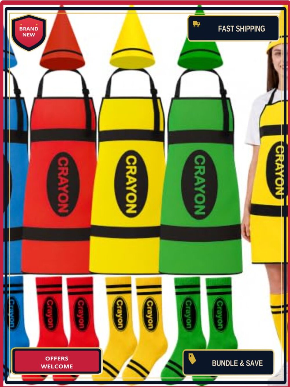 Adult Group Halloween Costumes 4 Sets Crayon Apron Hats Socks Reusable
